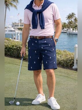 Polo Ralph Lauren Navy All Over Embroidered Pony Logo Chino Tyler Shorts—42